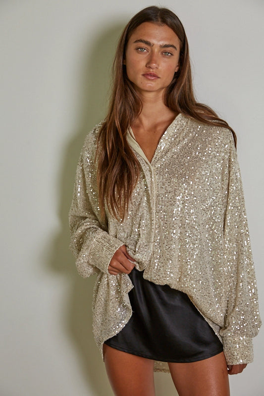 By Together Sequin Long Sleeve Button Down