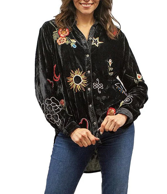 Kyla Seo Velvet Embroidered Shirt