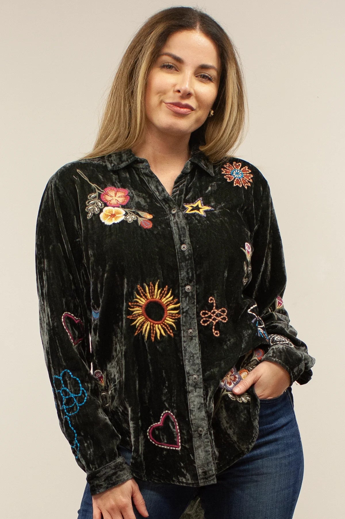 Kyla Seo Velvet Embroidered Shirt