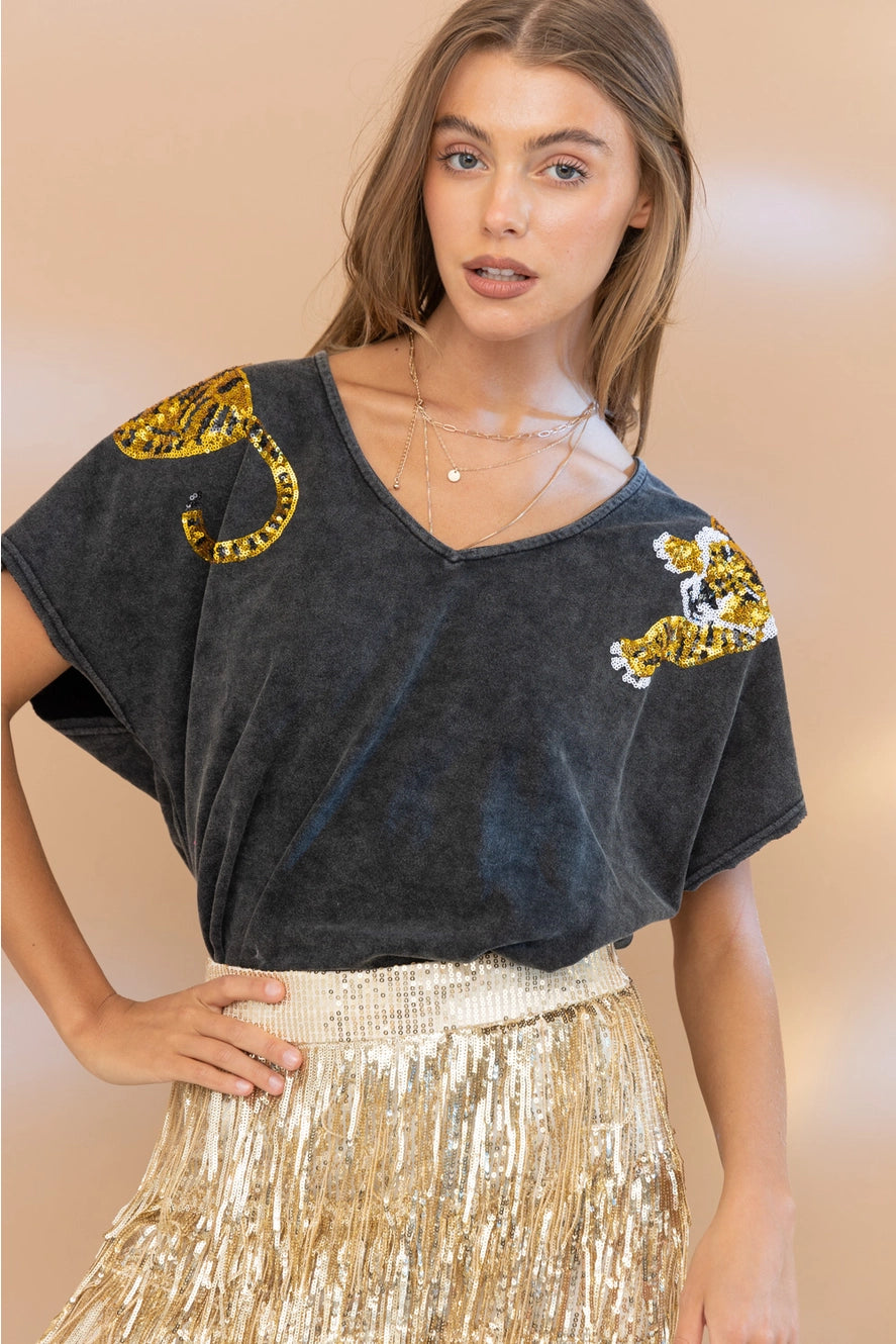 Blue B Sequin Tiger Shoulder Top