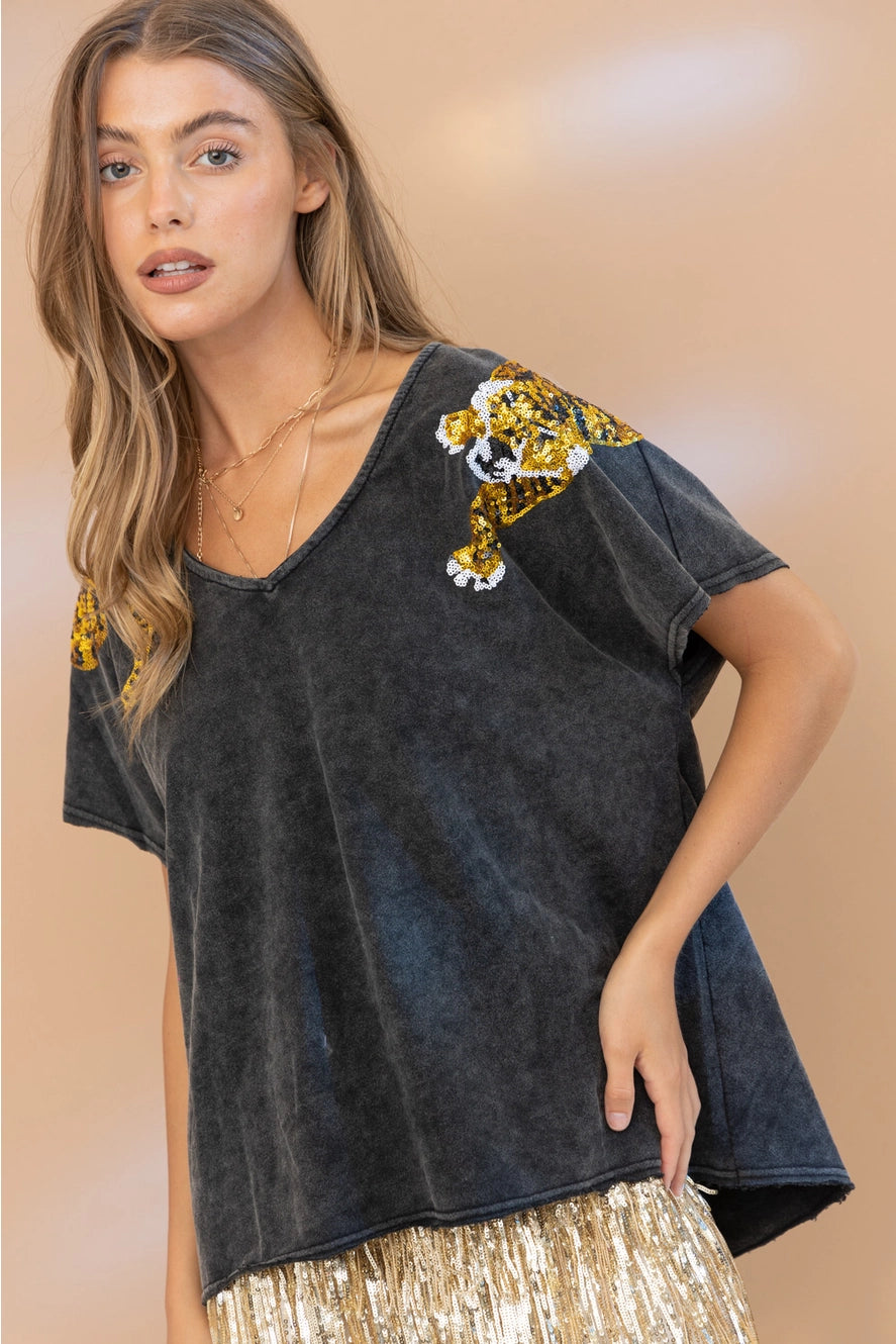 Blue B Sequin Tiger Shoulder Top