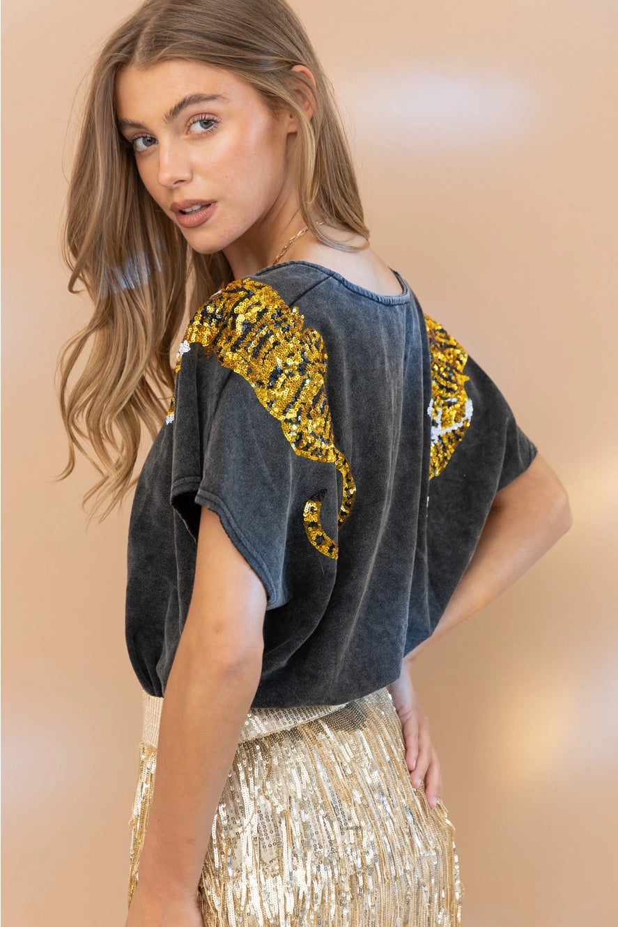 Blue B Sequin Tiger Shoulder Top