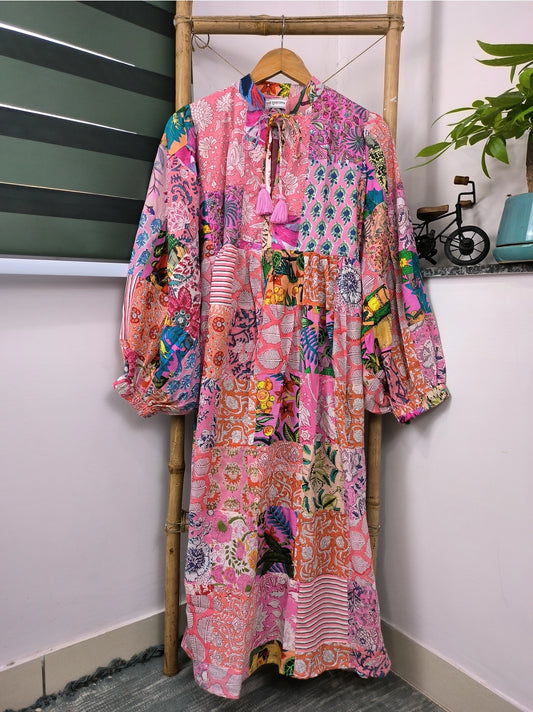The Eastern Loom Pink Patchwork Dress