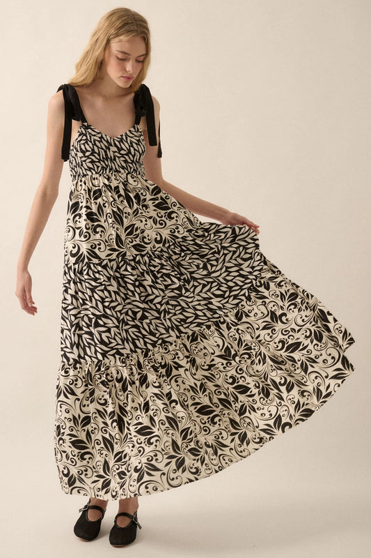 Promesa Black & White Floral Dress with Bow Straps