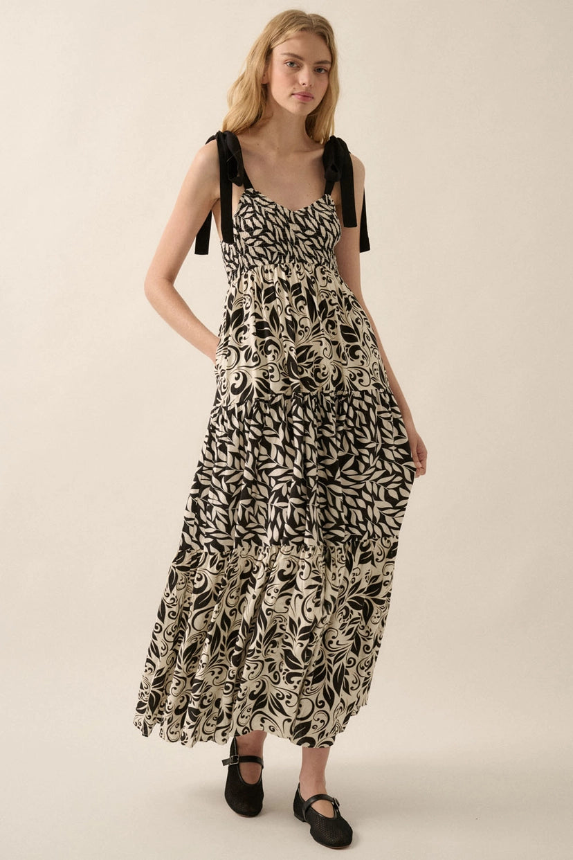 Promesa Black & White Floral Dress with Bow Straps
