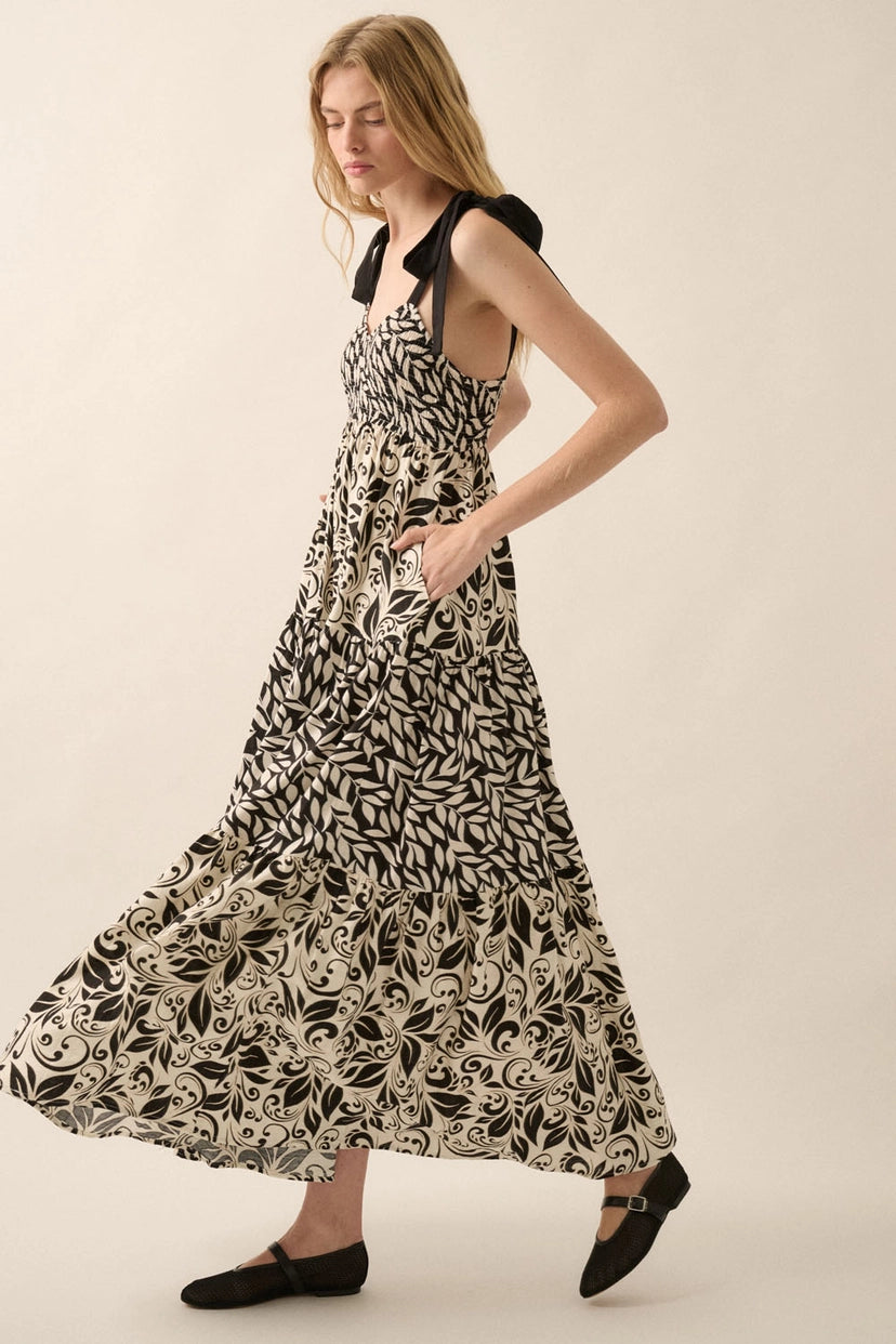 Promesa Black & White Floral Dress with Bow Straps