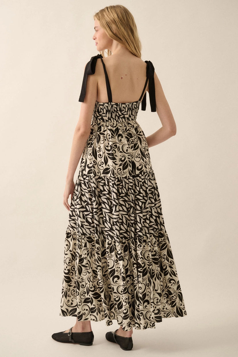 Promesa Black & White Floral Dress with Bow Straps