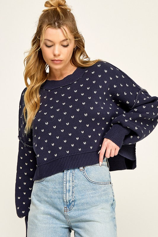 Miss Love Navy Mini Hearts Exposed Seam Sweater
