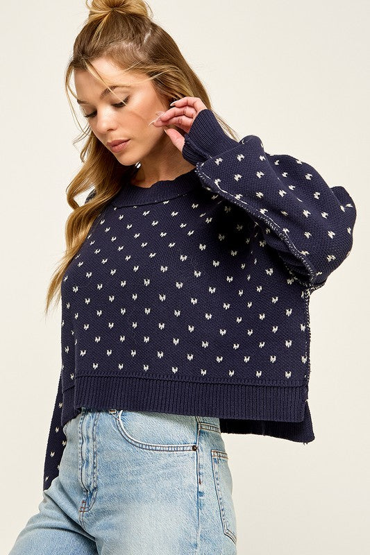 Miss Love Navy Mini Hearts Exposed Seam Sweater