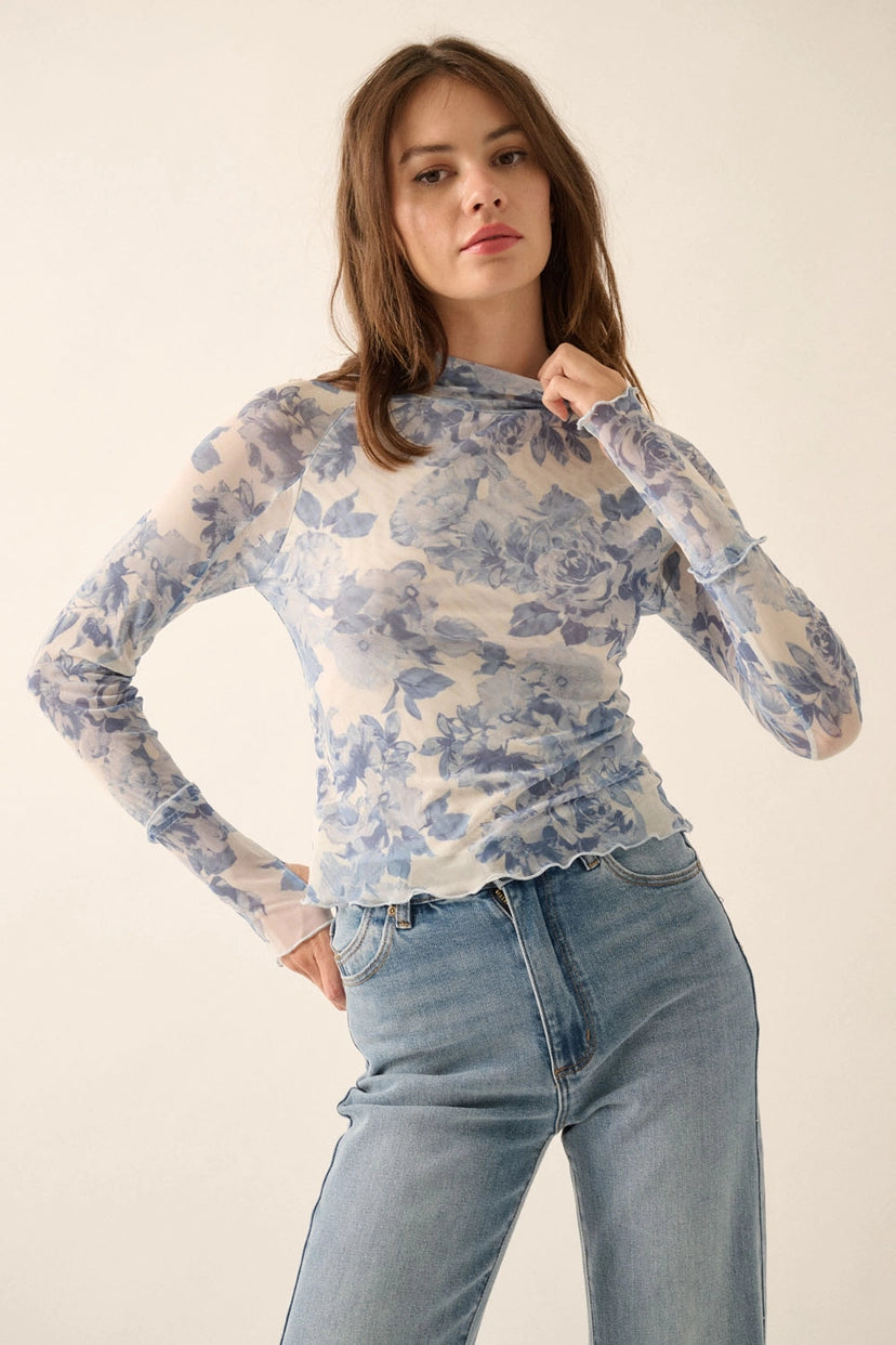 Promesa Blue Floral Sheer Top