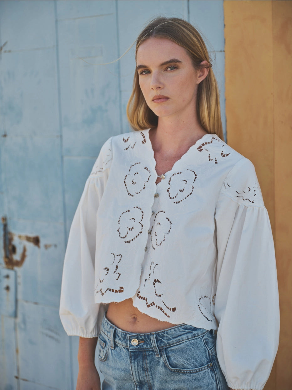 Aaron & Amber Denim Embroidered Blouse with Cut Outs