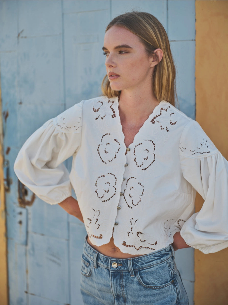 Aaron & Amber Denim Embroidered Blouse with Cut Outs