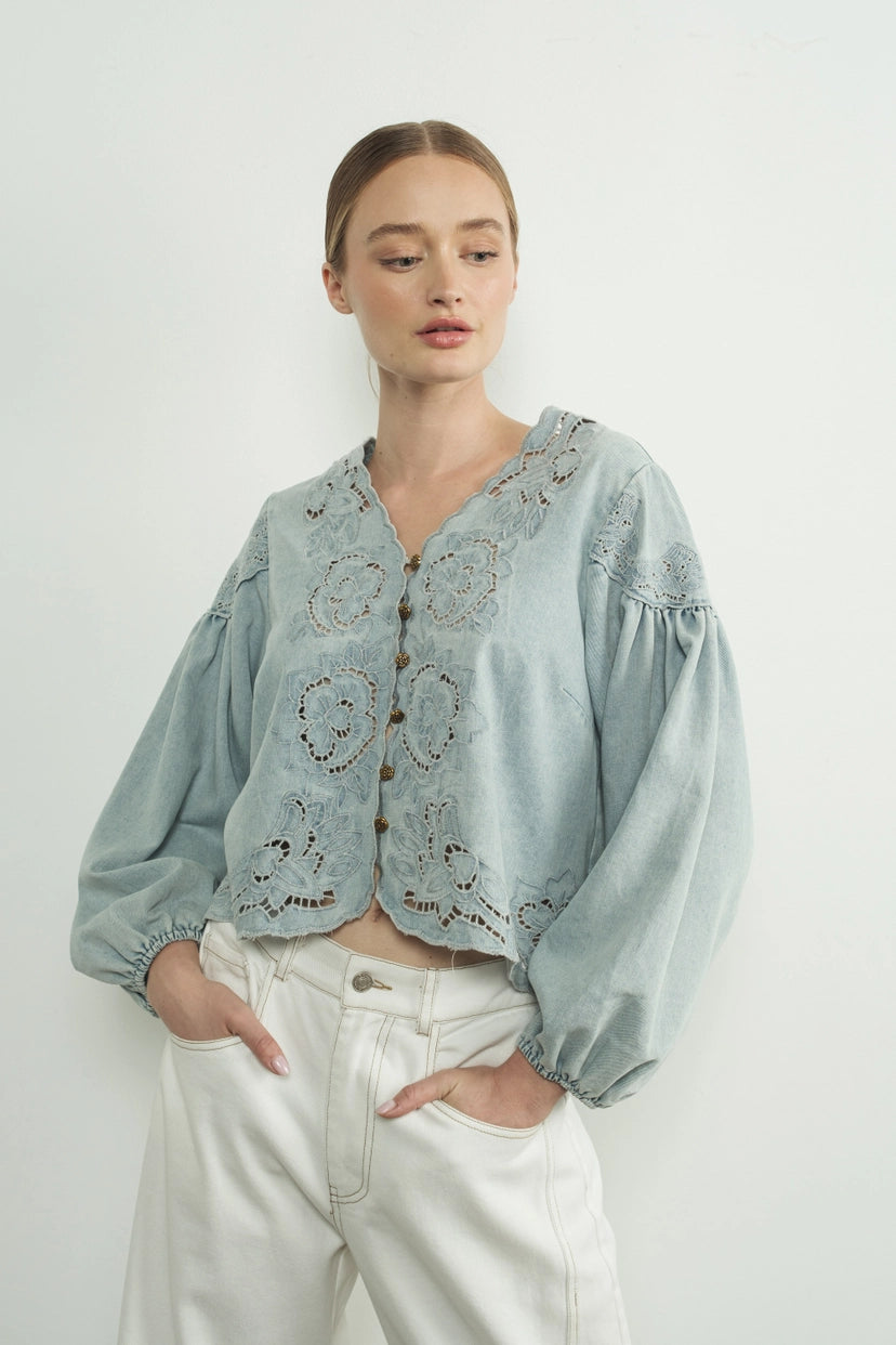 Aaron & Amber Denim Embroidered Blouse with Cut Outs