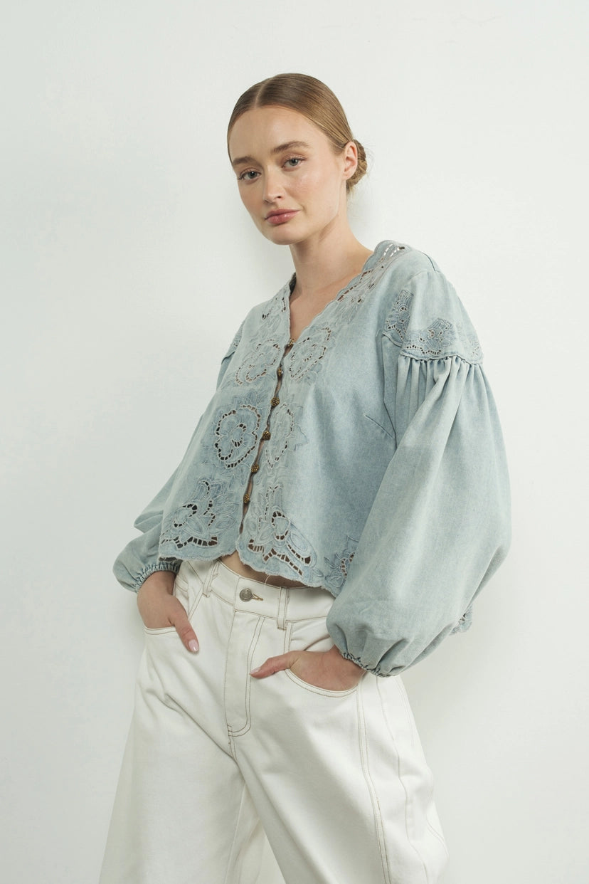 Aaron & Amber Denim Embroidered Blouse with Cut Outs