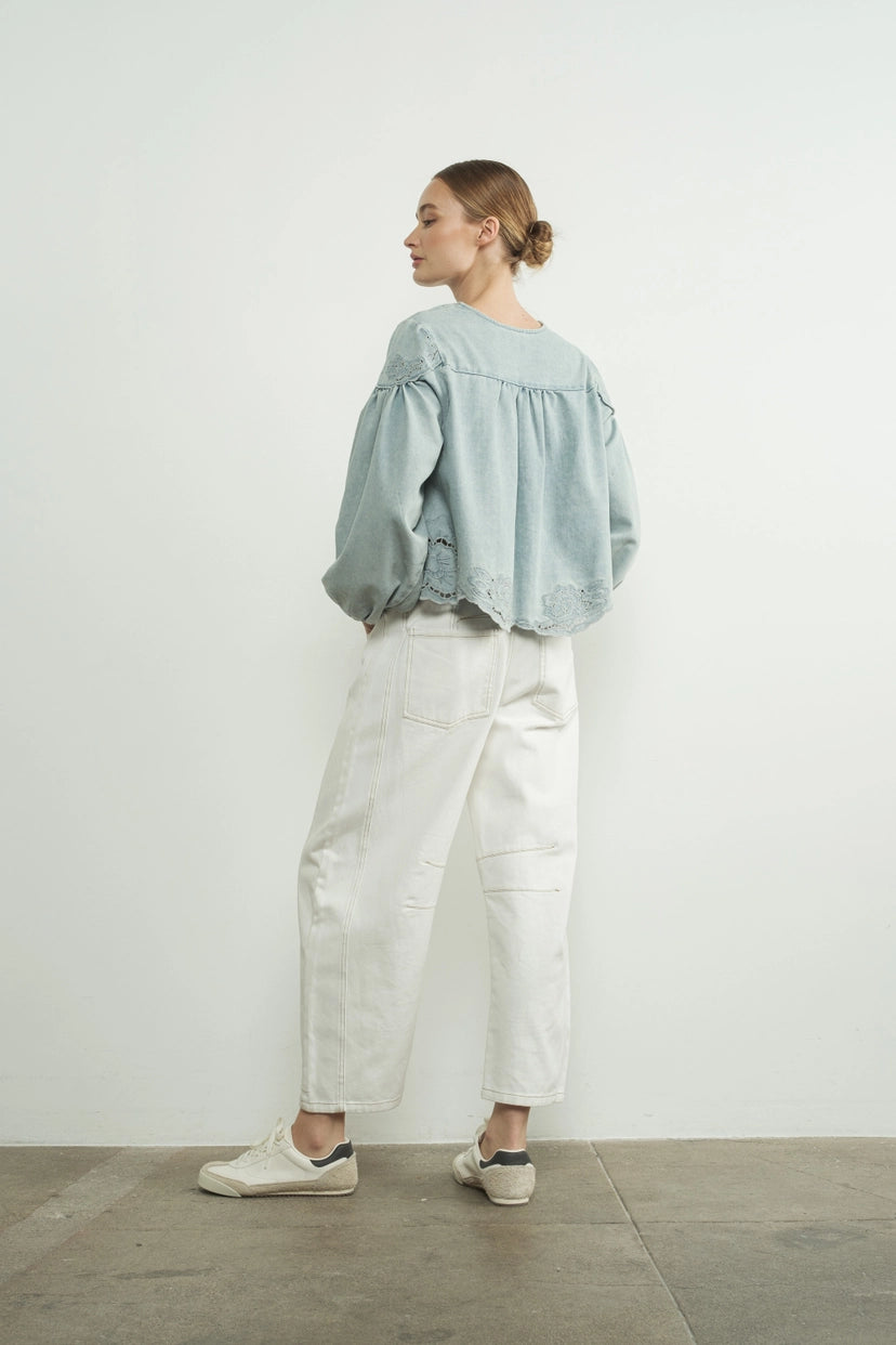 Aaron & Amber Denim Embroidered Blouse with Cut Outs