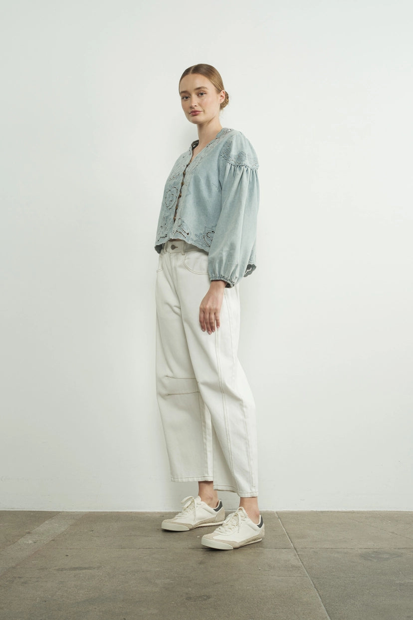 Aaron & Amber Denim Embroidered Blouse with Cut Outs
