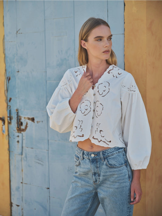 Aaron & Amber Denim Embroidered Blouse with Cut Outs