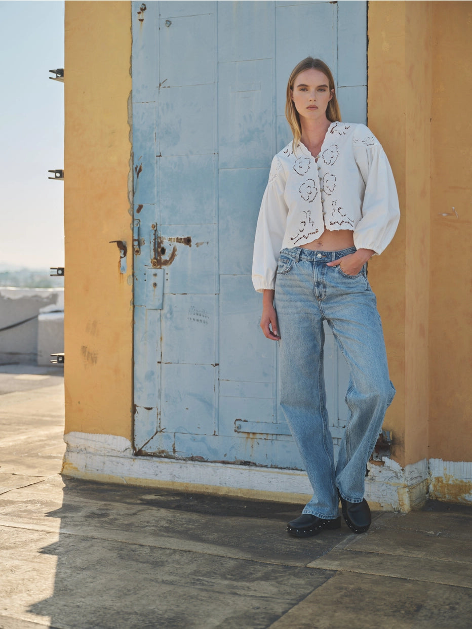 Aaron & Amber Denim Embroidered Blouse with Cut Outs