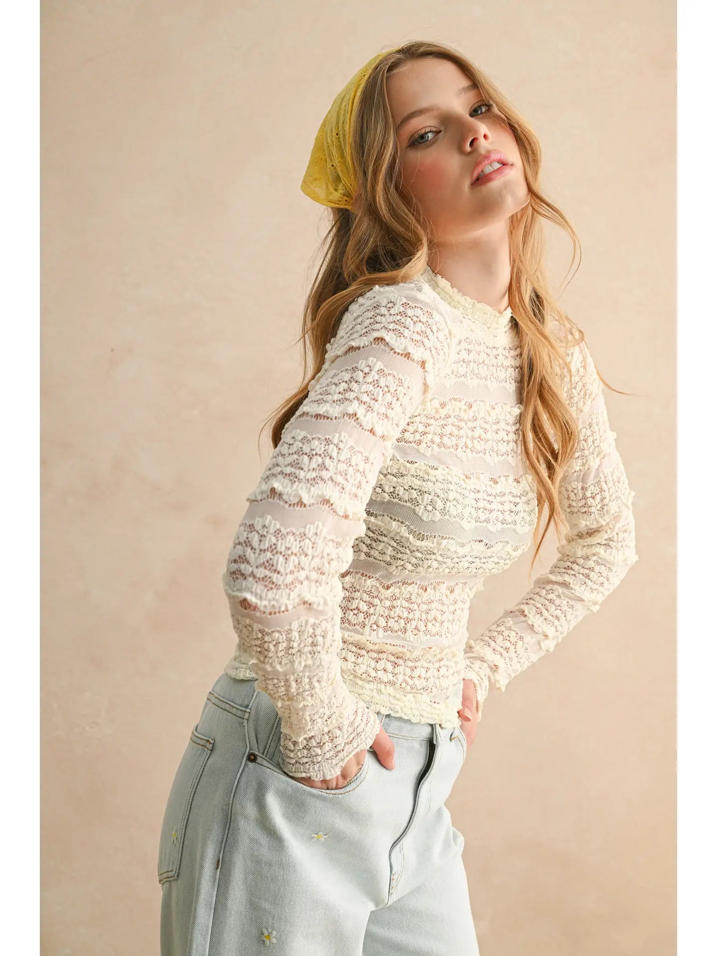 MIOU MUSE Lace Textured Mesh Long Sleeve