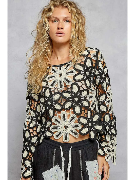 POL Black & White Crochet Long Sleeve