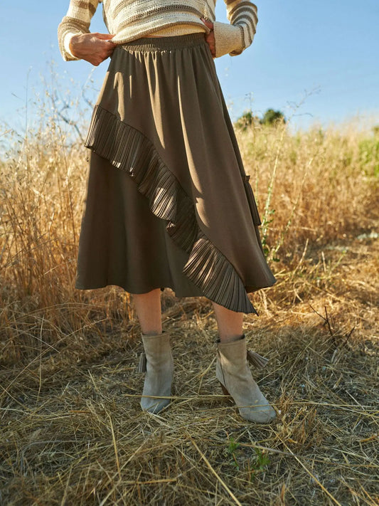 Mello. Brown Ruffle Midi Skirt