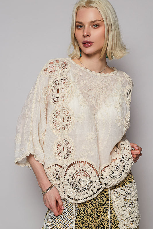 POL Short Sleeve Crochet Embroidered Top