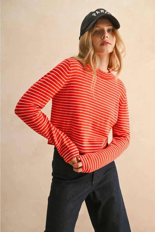 MIOU MUSE Red & White Striped Crew Neck Sweater