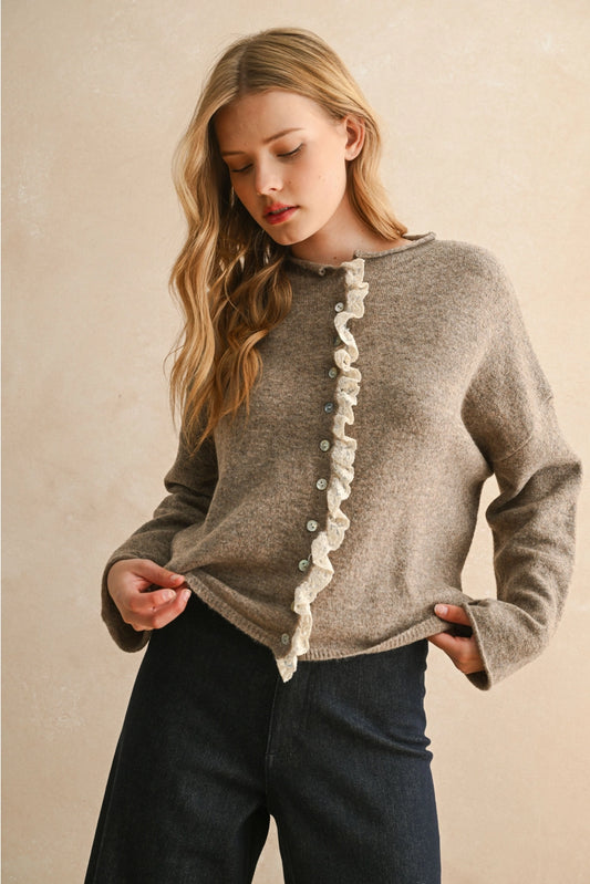 MIOU MUSE Cardigan with Lace Detail