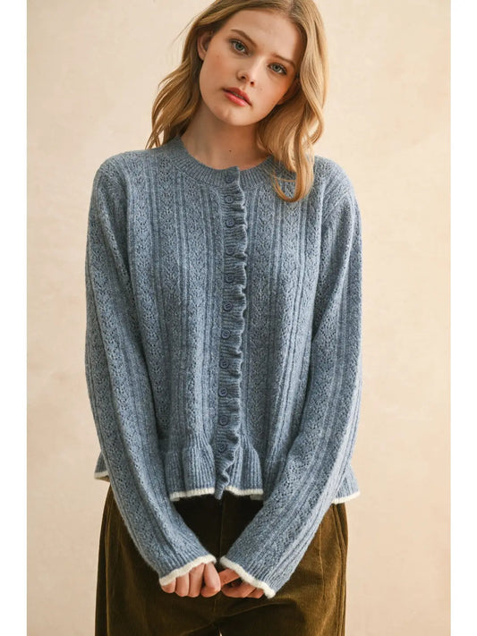 MIOU MUSE Blue Ruffle Sweater