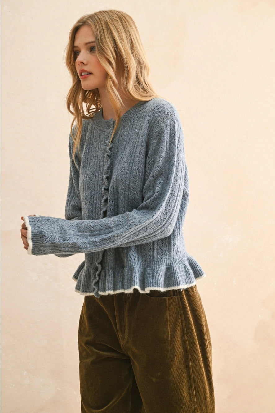 MIOU MUSE Blue Ruffle Sweater