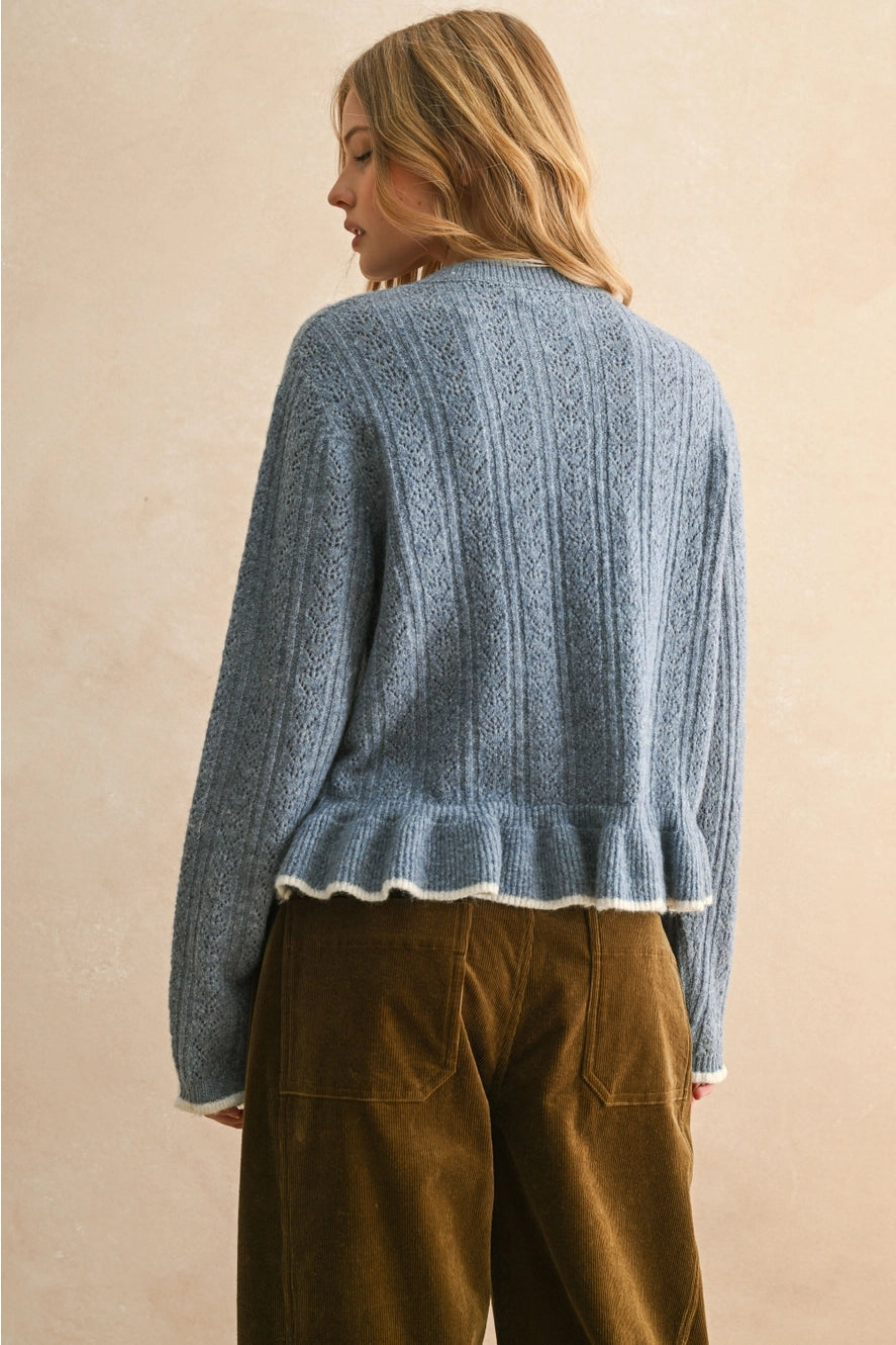 MIOU MUSE Blue Ruffle Sweater