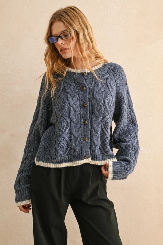 MIOU MUSE Blue Cardigan with Rose Buttons