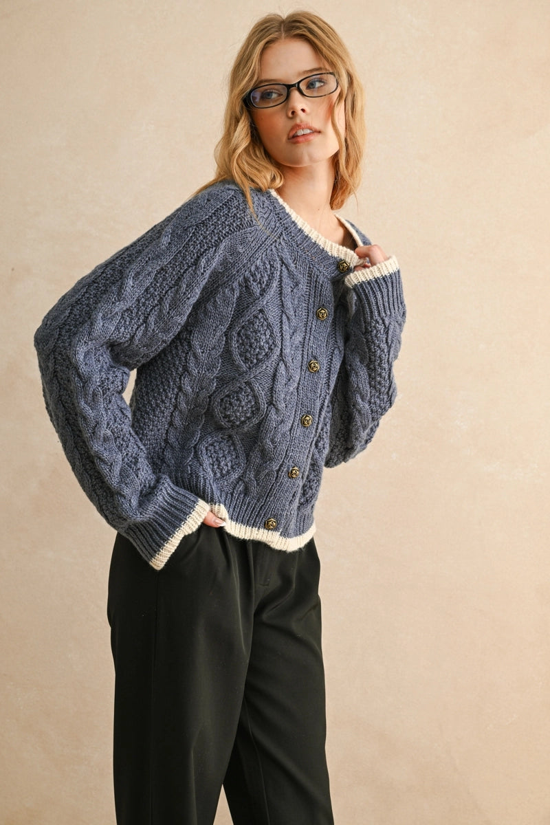 MIOU MUSE Blue Cardigan with Rose Buttons