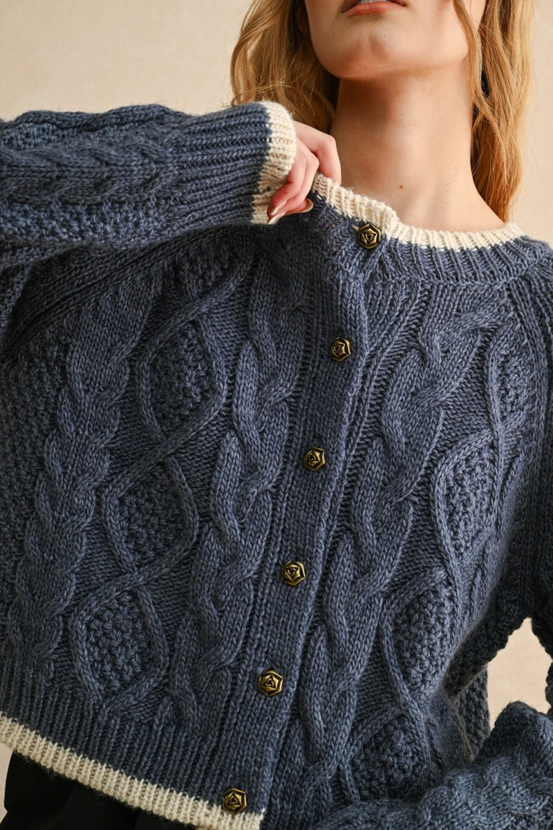 MIOU MUSE Blue Cardigan with Rose Buttons